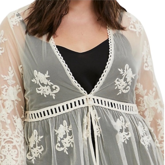 Torrid Women’s Plus Size Ivory Mesh Embroidered Duster Kimono - Picture 4 of 14